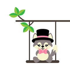 cartoon cute wolf with tie and hat on a swing and on a branch