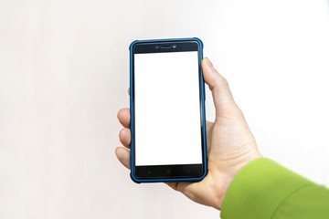 Smartphone in a hand background. Businessman holding cellphone. Template. Mock up business mobile communication technology.