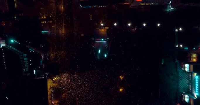 city center, night, many people, Ukraine, Rivne, Aerial drone view