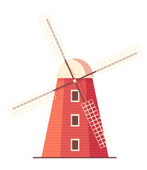Red old windmill isolated on white. Flat style