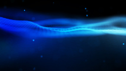 Abstract background with dynamic blue wave. Particle placement with hanging dots in space. Large data background. 3D rendering.
