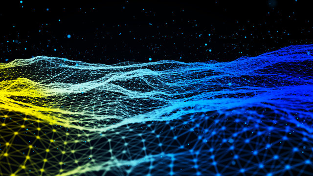 Abstract background with dynamic blue wave. Particle placement with hanging dots in space. Large data background. 3D rendering.