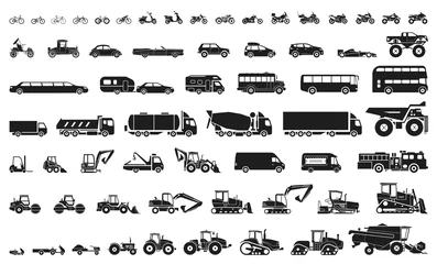 Foto op Plexiglas Set of various transportation and construction machinery. Icons of Motorcycles and bicycles, cars, heavy trucks, Heavy-duty vehicles and buses. © Dejan Jovanovic
