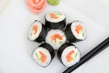 Futomaki, salmon. Traditional japanese sushi rolls