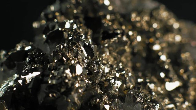 Macro, Pyrite Crystals with Quartz Crystals on Black Background