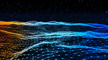 Abstract background with dynamic blue wave. Particle placement with hanging dots in space. Large data background. 3D rendering.