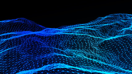 Abstract background with dynamic blue wave. Particle placement with hanging dots in space. Large data background. 3D rendering.