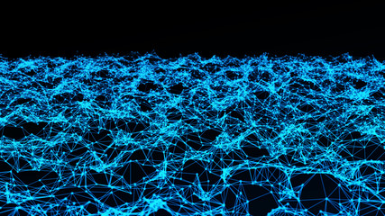 Abstract background with dynamic blue wave. Particle placement with hanging dots in space. Large data background. 3D rendering.
