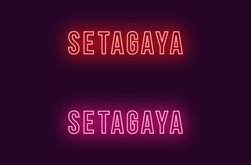 Neon name of Setagaya city in Japan. Vector text