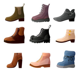 Set of collection of modern stylish casual shoes of different shapes.