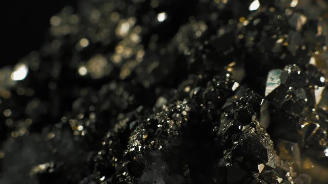 Macro, Brilliant Crystals of Pirita on a Black Background