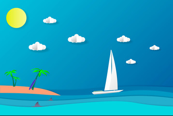 Naklejka premium Sea view in summer. white yacht sailing. summer time. sea with beach. paper cut and craft style. illustration