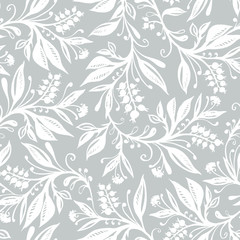floral seamless pattern with leaves and berries on grey background, image for blog, decoration, wrapper, cover. Design for wallpapers, textiles, fabrics.