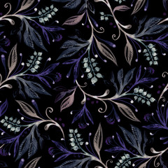floral seamless pattern with leaves and berries on black background. Hand drawing watercolor. Background for title, blog, decoration. Design for wallpapers, textiles, fabrics, wrappers, covers.
