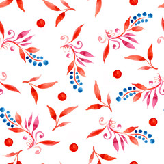 floral watercolor seamless pattern with leaves and berries in red and blue colors on white background, hand-drawn illustration