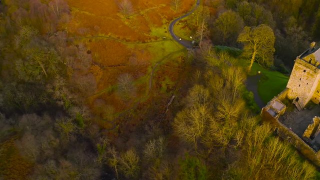 Aerial view of Medieval Castle Campbell ruin at Glen Dollar, Clackmannanshire, Scotland