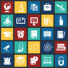 Education icons set on color squares background for graphic and web design, Modern simple vector sign. Internet concept. Trendy symbol for website design web button or mobile app