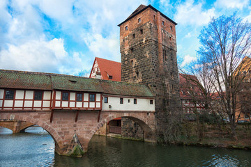 Fototapeta na wymiar Nuremberg city, Germany - River Pegnitz architecture with Henkerbrige.