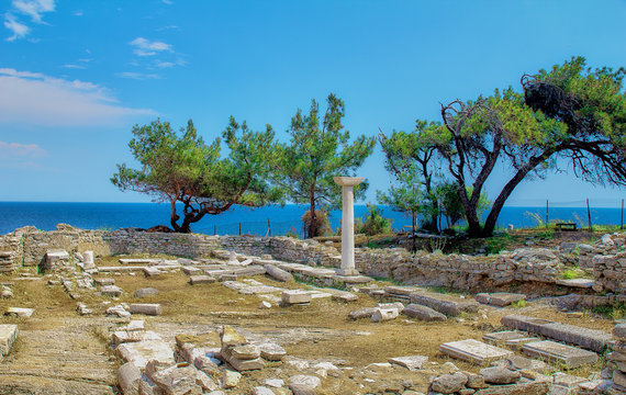 historical ruins with beautiful scenery, Thassos island, Greece, Aegean sea. sightseeing in Greece.