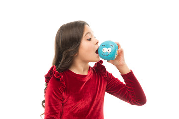 Donut become so popular. Sugar levels and healthy nutrition. Happy childhood and sweet treats. Donut breaking diet concept. Girl hold glazed donut white background. Kid girl hungry for sweet donut