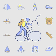 a man climbs mountains icon. Detailed set of color camping tool icons. Premium graphic design. One of the collection icons for websites, web design, mobile app