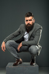 He has style. Stylish smart casual outfit. Menswear and fashion concept. Man bearded well groomed...