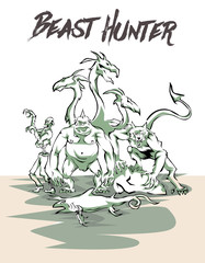 Monster picture. Zombie, dragon and orc celebrate Halloween. Digital illustration.