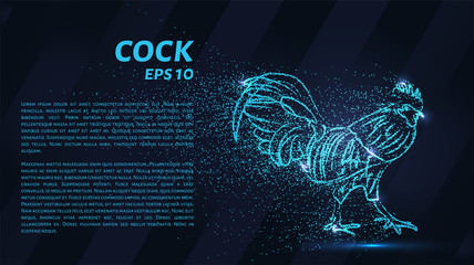 The cock consists of particles. The cock consists of dots and circles. Blue rooster on a dark background. - obrazy, fototapety, plakaty