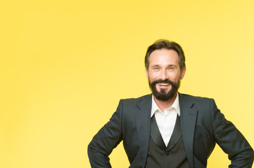 Businessman. Business fashion and dress code. confident businessman in suit. Bearded happy man. Male formal fashion. Brutal man with hipster beard. copy space. Mature. Welcome on board