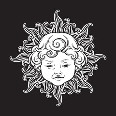 Sun with face of cute curly smiling baby boy isolated. Hand drawn sticker, coloring book pages, print or boho flash tattoo design vector illustration