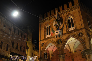 Bologna, Emilia Romagna, Italy. December 2018. Piazza della mercanzia, night shot