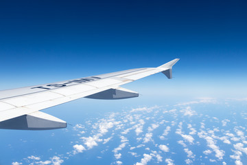 Aircraft Wing on blue sky background, Mediterranean Sea