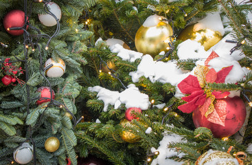 Festive Gifts Decorated with Linen Cord, Cinnamon, Pine cones, Walnuts. Toned image. Snow Drawn