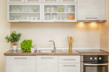 White and light brown small domestic modern kitchen interior