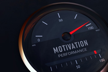 Naklejka premium Successful. Concept for the commonality between motivation and performance. Speedometer symbolically displays the maximum on a scale. 