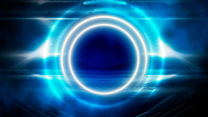 Round abstract tunnel, blue neon. Neon circle light arch, in the center, light, rays, smoke. Abstract blue background with rays and neon.