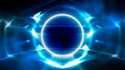 Round abstract tunnel, blue neon. Neon circle light arch, in the center, light, rays, smoke. Abstract blue background with rays and neon.