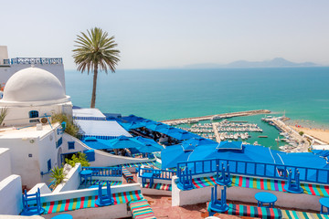 SIDI BOU SAID, TUNISIA - JULY 19, 2018: Beautiful view over seaside and white blue village Sidi Bou...