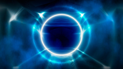 Round abstract tunnel, blue neon. Neon circle light arch, in the center, light, rays, smoke. Abstract blue background with rays and neon.