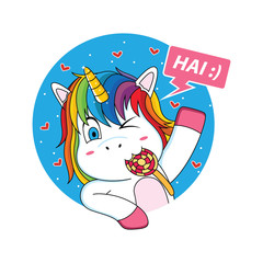 unicorn who is greeting with lollipop cartoon
