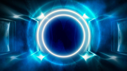 Round abstract tunnel, blue neon. Neon circle light arch, in the center, light, rays, smoke. Abstract blue background with rays and neon.
