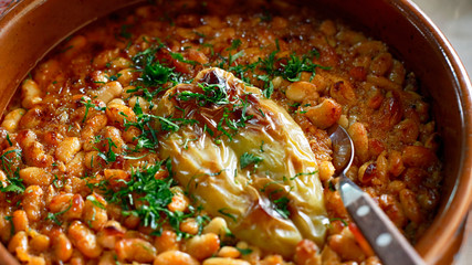 Baked Beans or Prebranac served in a terracotta pot