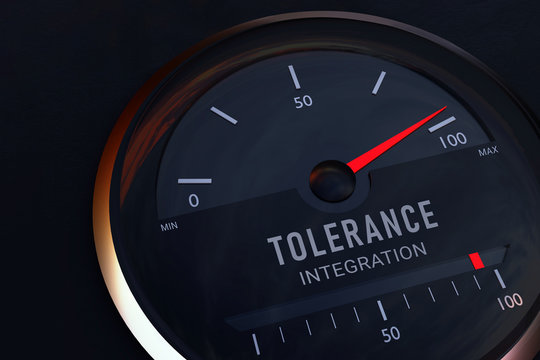 Xenophobia. Concept for the commonality between tolerance and integration. Speedometer symbolically displays the maximum on a scale. 