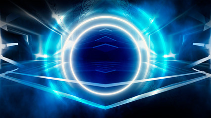 Round abstract tunnel, blue neon. Neon circle light arch, in the center, light, rays, smoke. Abstract blue background with rays and neon.