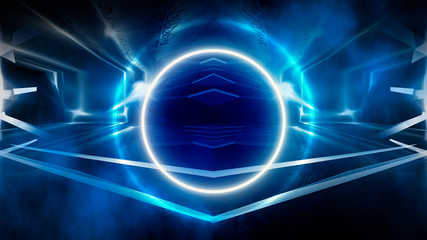 Round abstract tunnel, blue neon. Neon circle light arch, in the center, light, rays, smoke. Abstract blue background with rays and neon.