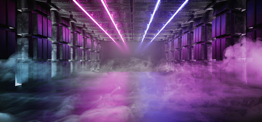 Smoked Futuristic Sci Fi Alien Ship Dark Empty Space Grunge Reflective Glossy Concrete Tunnel Corridor With Vibrant Neon Glowing Laser Purple Pink Blue Lights Background 3D Rendering