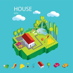 Obraz na płótnie Canvas Vector illustration of house on your lawn with a Seating area for adults and a Playground for children, two cars and a pond with a waterfall