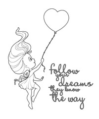 Cute little girl flying on heart shaped balloon. 