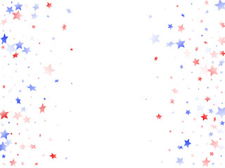 Flying red blue white star sparkles on white vector american patriotic background.