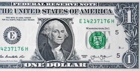 President George Washington on US 1 dollar bill close up, Unites States federal fed reserve note.